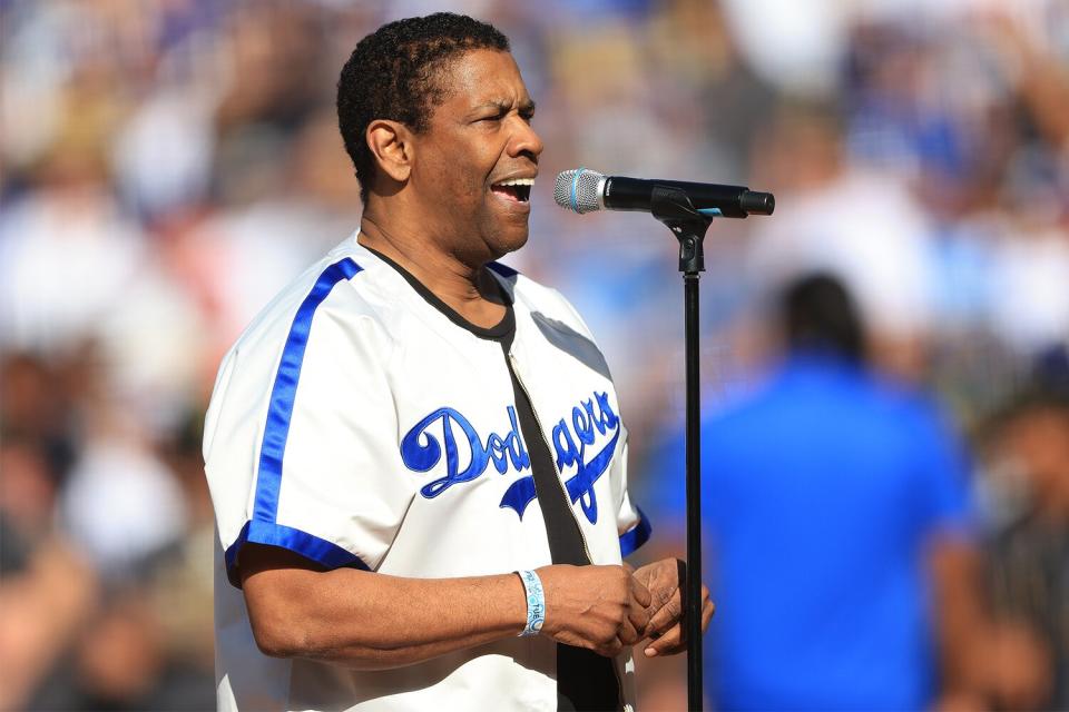 Denzel Washington leads a tribute to Jackie Robinson before the 92nd MLB All-Star Game presented by Mastercard at Dodger Stadium on July 19, 2022 in Los Angeles, California.