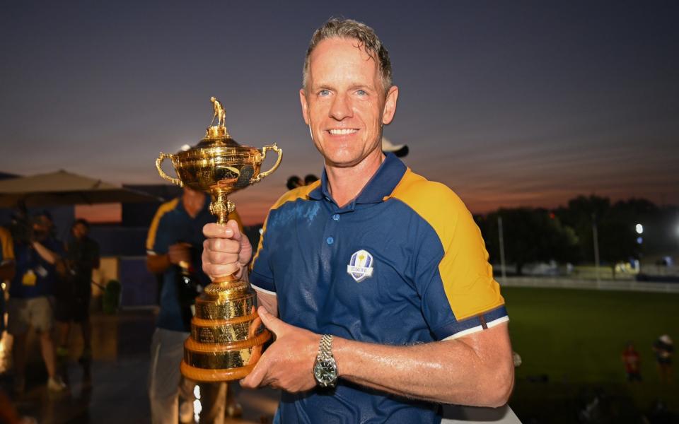 Luke Donald with the Ryder Cup after Europe's celebrations in Rome - Luke Donald to stay on as Europe Ryder Cup captain for 2025