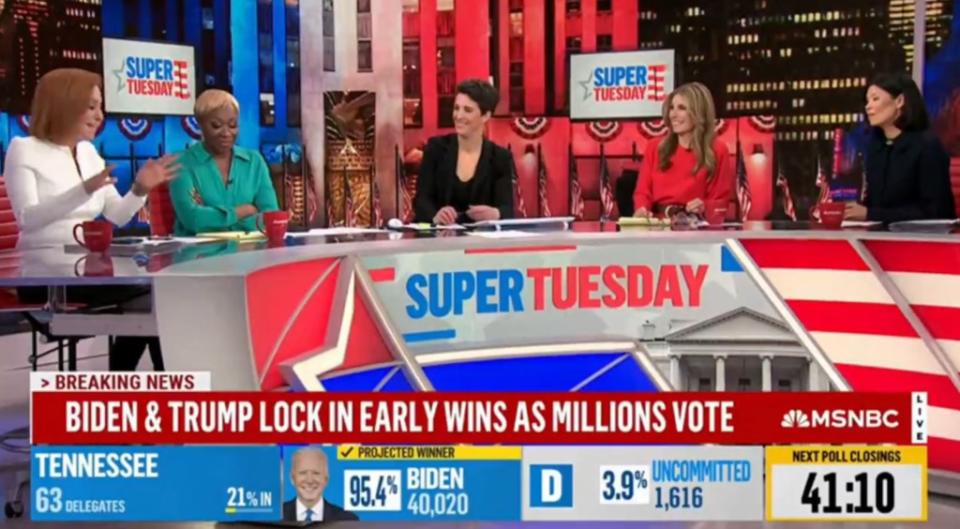 MSNBC anchors Jen Psaki, Joy Reid and Rachel Maddow joked about Virginia voters’ concerns over immigration during the Super Tuesday election coverage at the left-leaning network. MSNBC