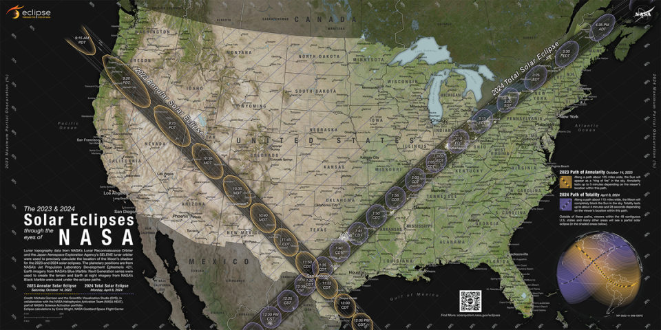 NASA has release maps showing where the Moon’s shadow will cross the U.S. during the 2023 annular solar eclipse and the 2024 total solar eclipse.