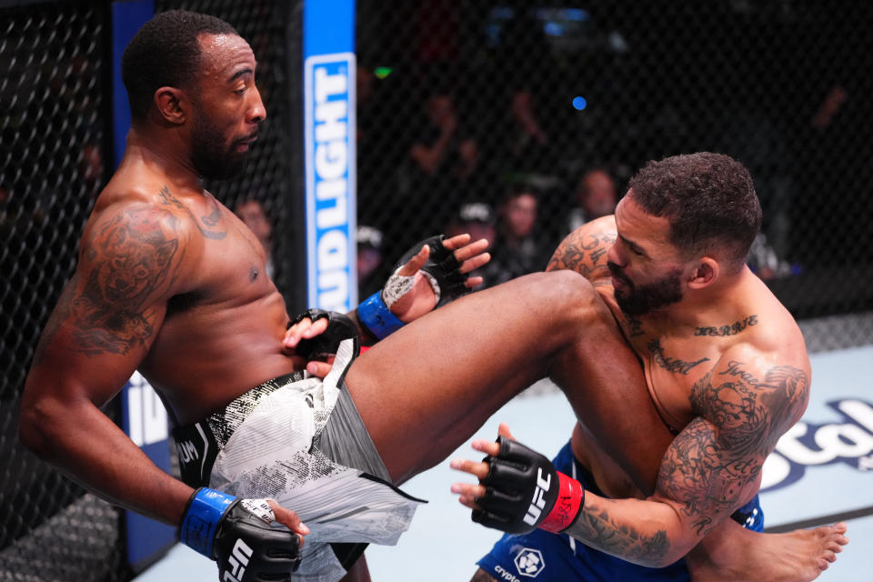 LAS VEGAS, NEVADA – MARCH 02: (L-R) Jamie Pickett kicks Eryk Anders in a middleweight bout during the UFC Fight Night event at UFC APEX on March 02, 2024 in Las Vegas, Nevada. (Photo by Jeff Bottari/Zuffa LLC via Getty Images)