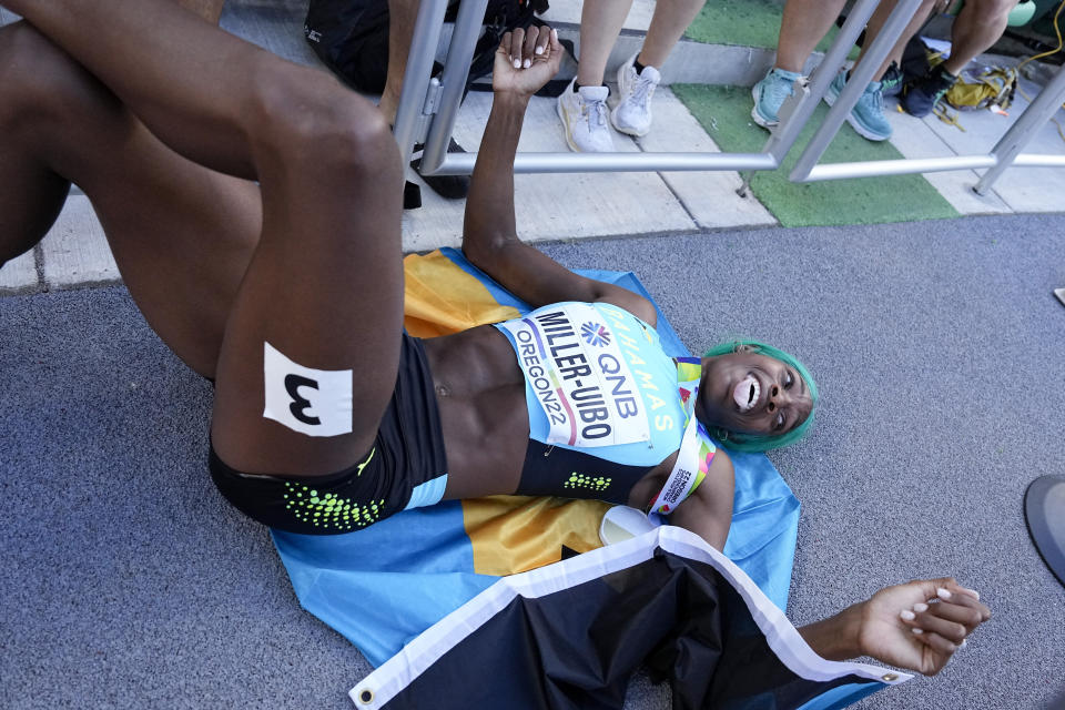 Shaunae Miller-Uibo, of Bahamas, celebrates after winning the final of the women's 400-meter run at the World Athletics Championships on Friday, July 22, 2022, in Eugene, Ore. (AP Photo/Charlie Riedel)