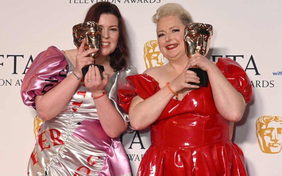 Lisa McGee and Siobhán McSweeney pose in the Winner's Room after receiving the Scripted Comedy Award for 'Derry Girls' - Getty Images