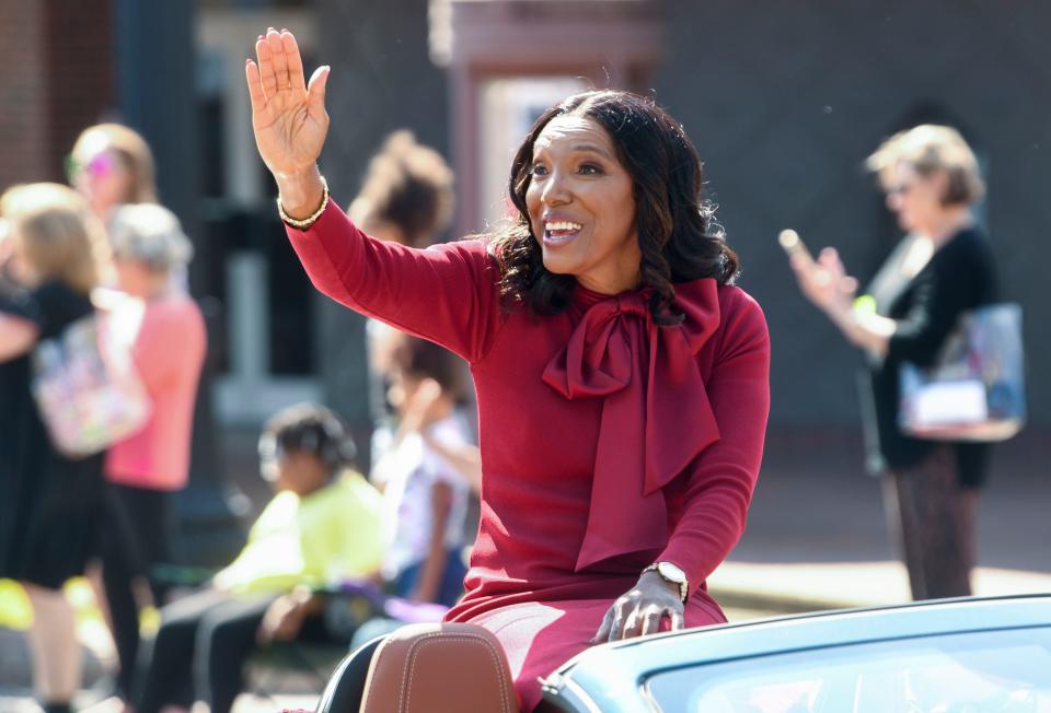 Oct 22, 2022; Tuscaloosa, AL, USA; Grand Marshal Lillie Leatherwood waves as she rides in the University of Alabama homecoming parade Saturday, Oct. 22, 2022. 