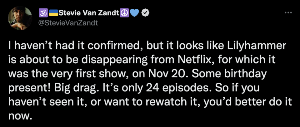 Steven Van Zandt on Netflix’s removal of ‘Lilyhammer’ (Twitter)