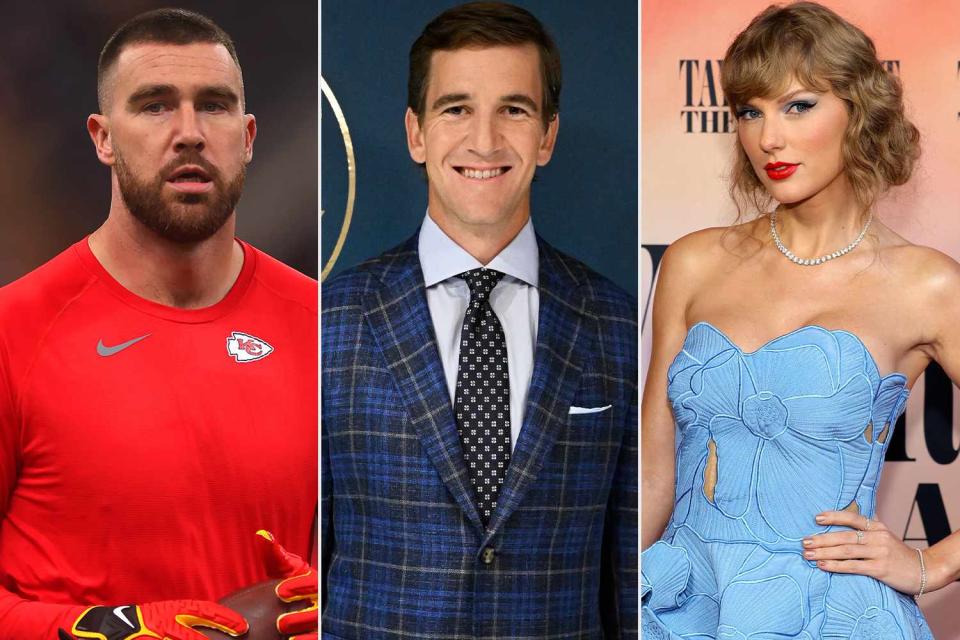 <p>Getty</p> Travis Kelce, Eli Manning, Taylor Swift