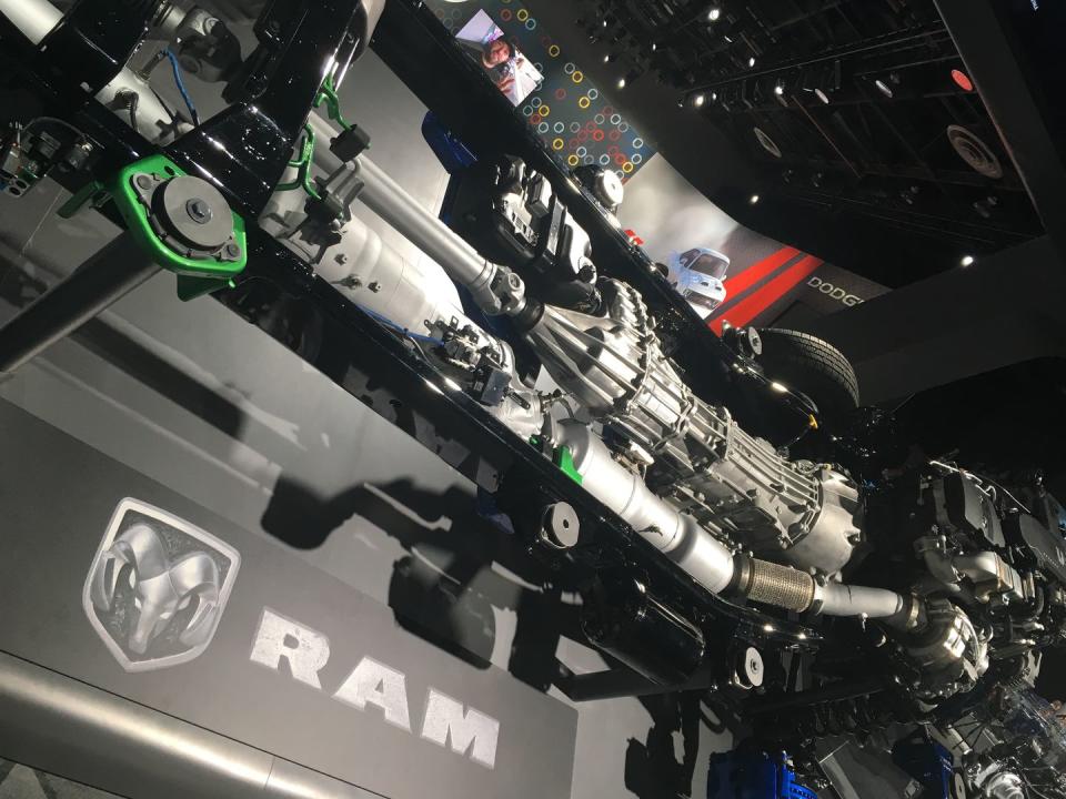 <p>The Ram HD's nearly eight feet of exhaust treatment adjacent to the Aisin transmission and driveshaft.</p>