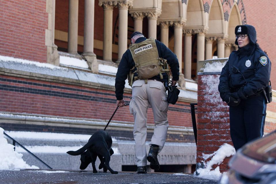 A state police officer responds to reports of explosives at Harvard University in Cambridge