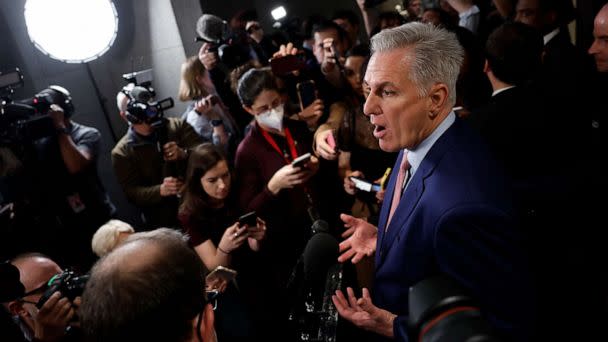 PHOTO: House Minority Leader Kevin McCarthy speaks to reporters after meeting with House Republicans at the U.S. Capitol Building on Jan. 3, 2023 in Washington, D.C. (Anna Moneymaker/Getty Images)