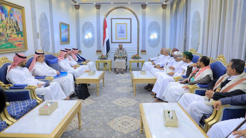 FILE PHOTO: Head of the Houthi Supreme Political Council Mahdi al-Mashat meets with Saudi and Omani delegations at the Republican Palace in Sanaa