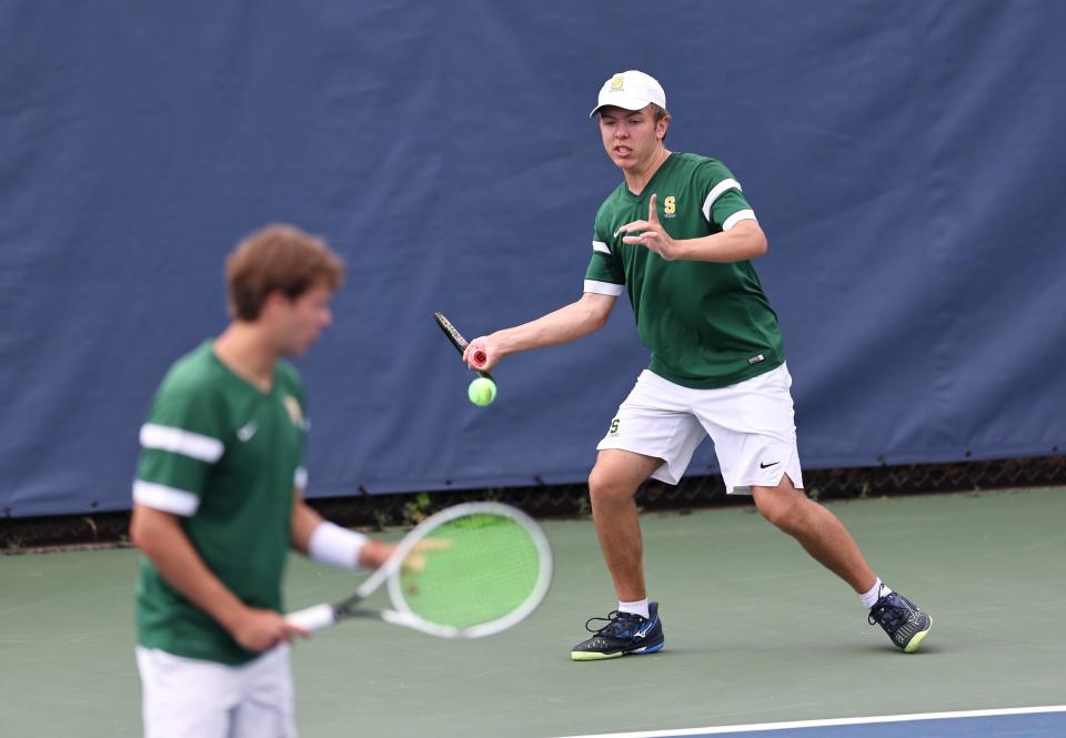 Sycamore doubles players Nick Meyers and Mark Karev compete in the OHSAA state tournament at the Lindner Family Tennis Center in Mason, Saturday, May 28, 2022.