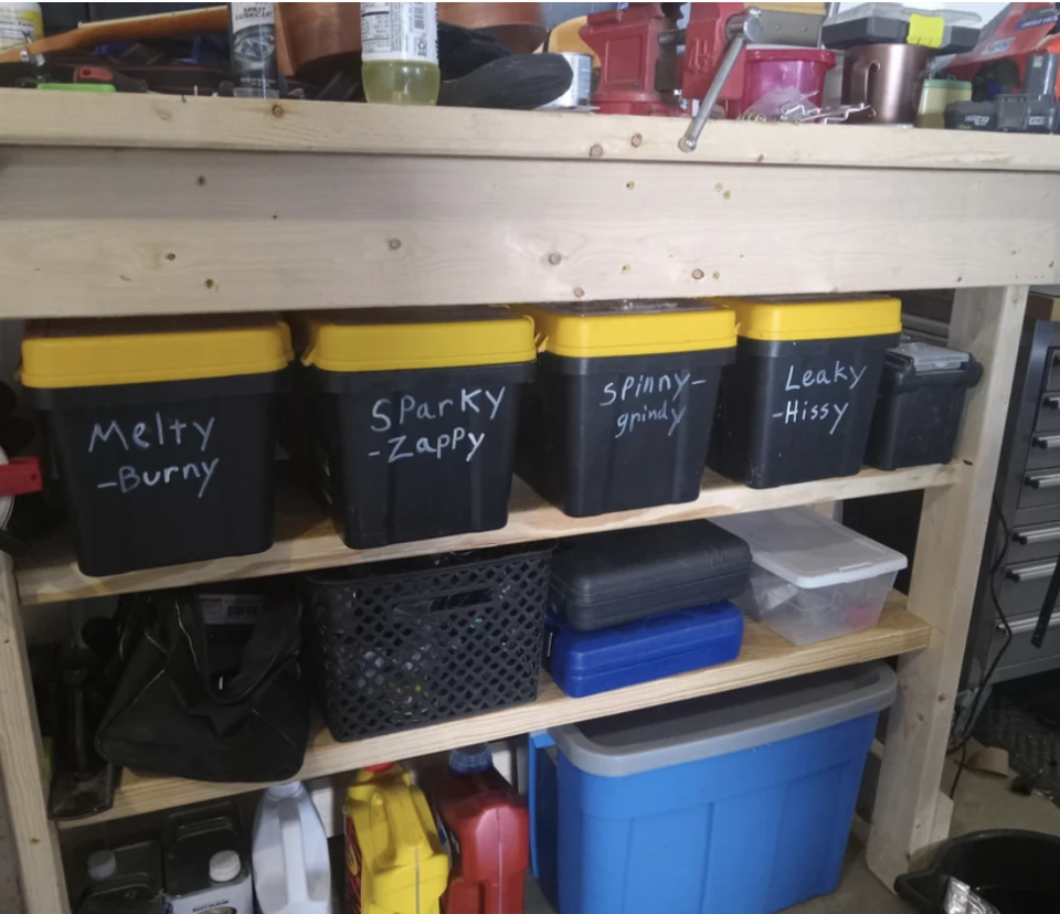 Toolboxes with handwritten notes like "Melty-burny" and "Sparky-zappy"