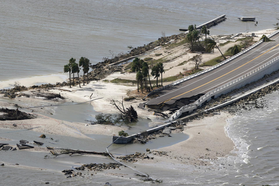 A damaged causeway to Florida's Sanibel Island is seen in the aftermath of Hurricane Ian on Thursday, Sept. 29, 2022. / Credit: Wilfredo Lee / AP