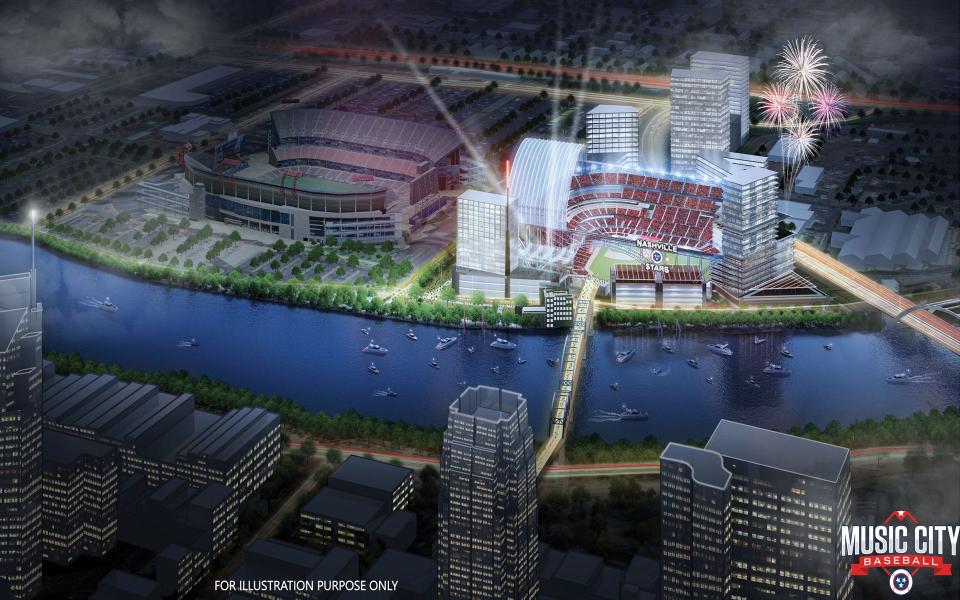 This rending from Music City Baseball shows a Major League park next to Nissan Stadium.