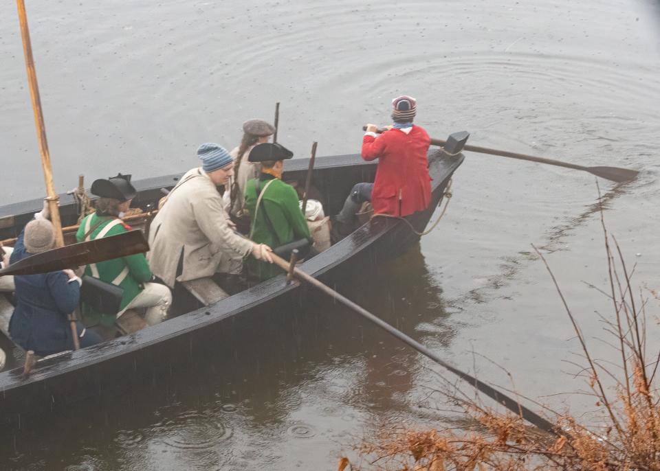 At the Dec. 10, 2023 Washington's Crossing dress rehearsal, re-enactors shove off in a facsimile Durham boat.
