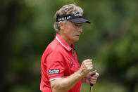 Bernhard Langer, of Germany, reacts after making a birdie putt on the fourth green during the final round of the PGA Tour Champions Principal Charity Classic golf tournament, Sunday, June 5, 2022, in Des Moines, Iowa. (AP Photo/Charlie Neibergall)