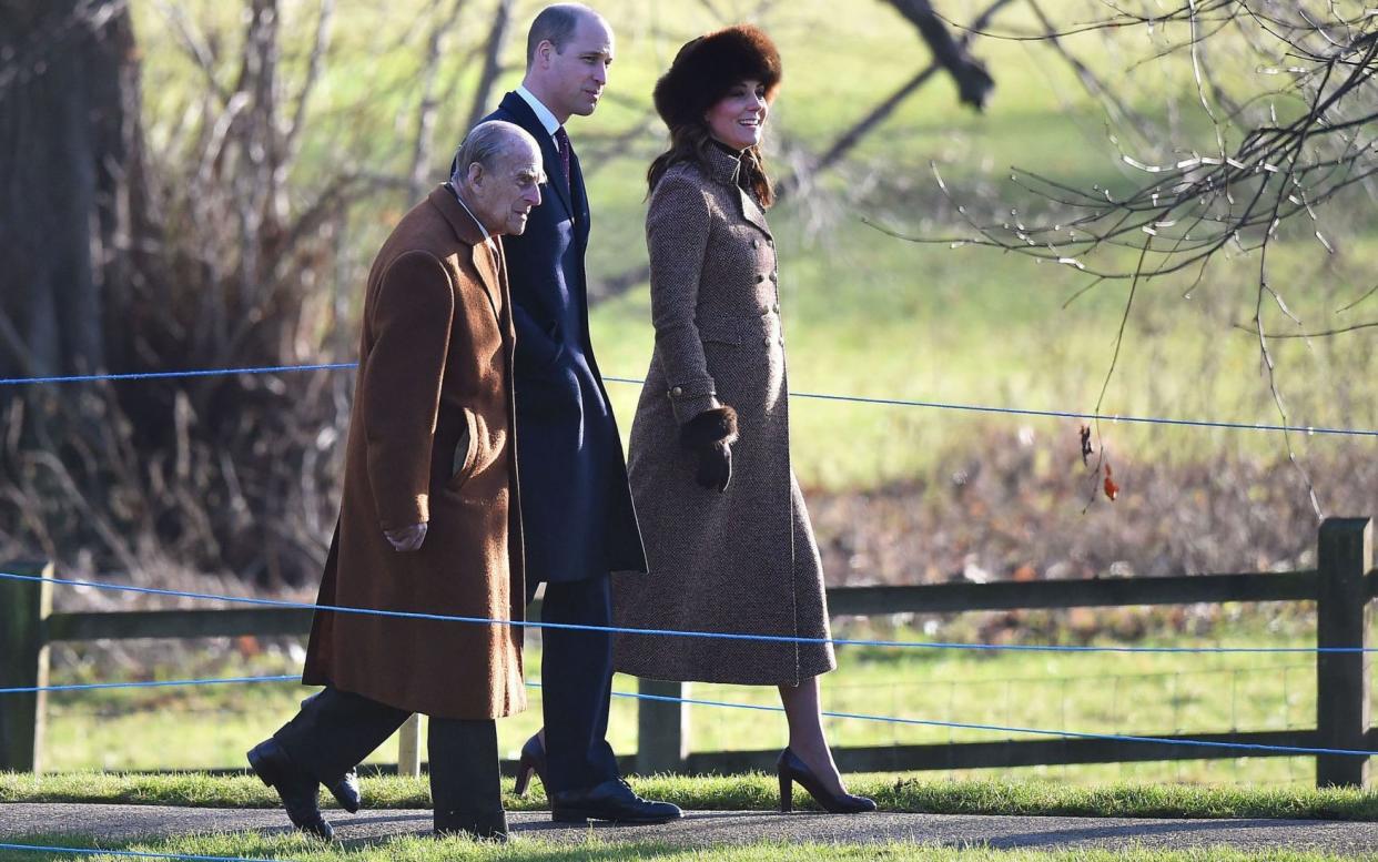 The Duke and Duchess walked to St Mary Magdalene church for a Sunday morning service with Prince Philip - PA