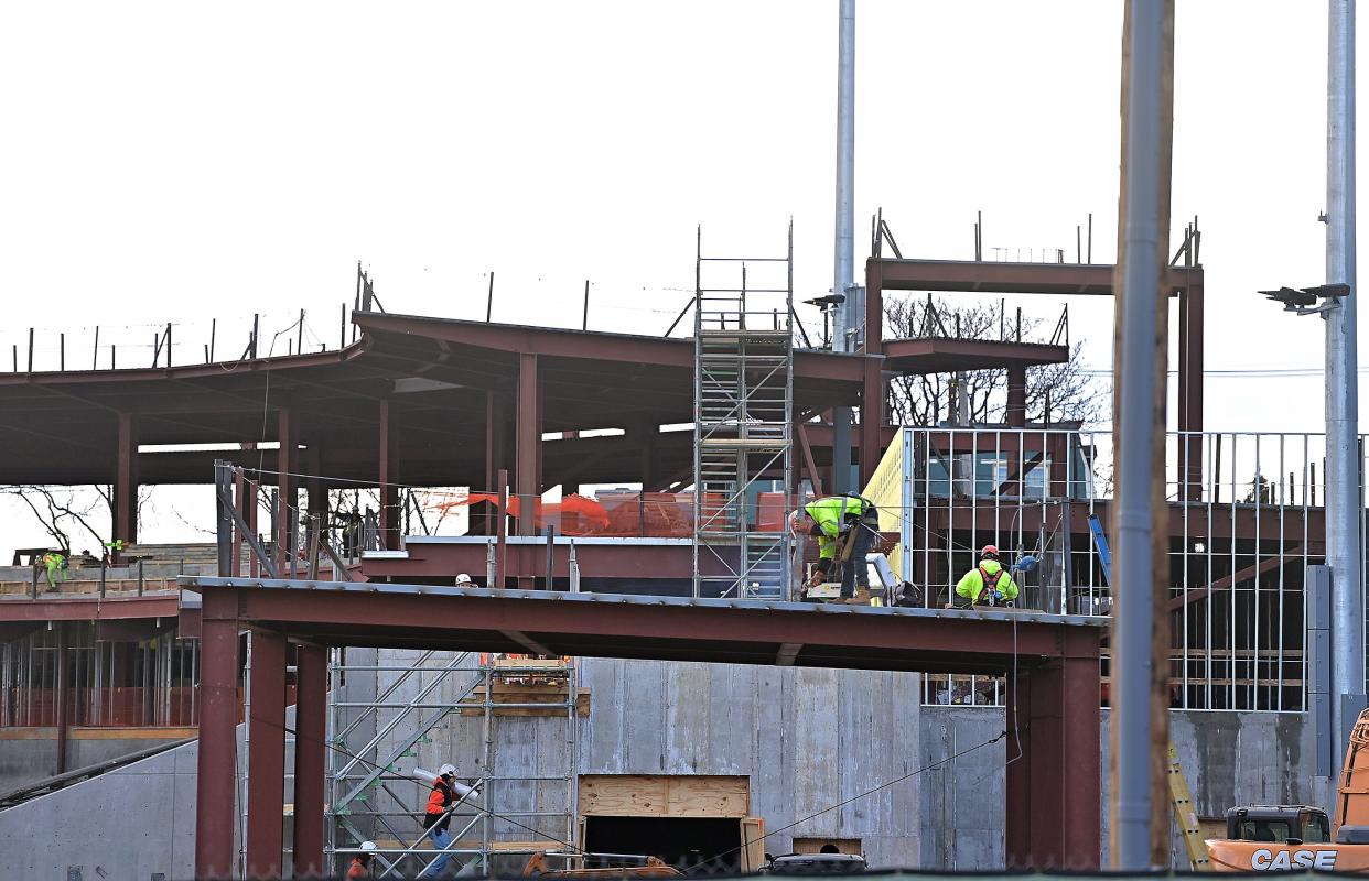 Work along the third-base side of the grandstands at the Hagerstown Multi-Use Sports and Events Facility being done on Monday, Dec. 18, 2023.