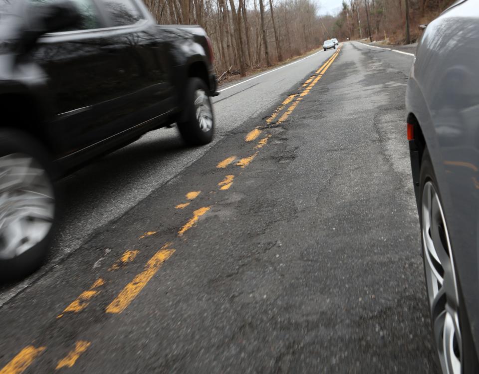 Potholes along Route 312 in the town of Southeast March 7, 2024.