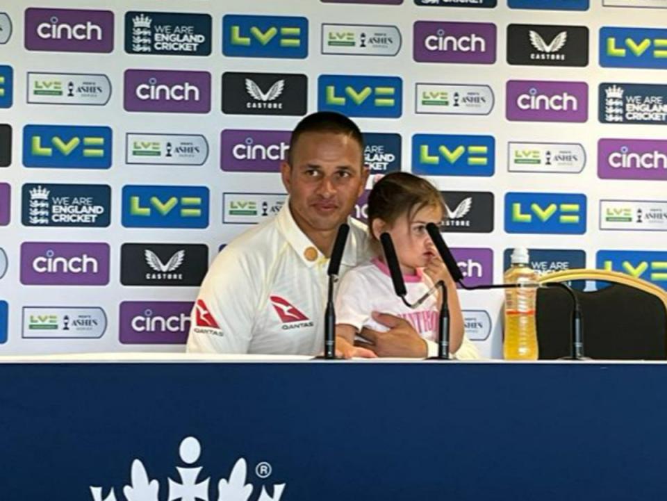 Usman Khawaja brought his daughter into the post-play press conference  (Sonia Twigg)