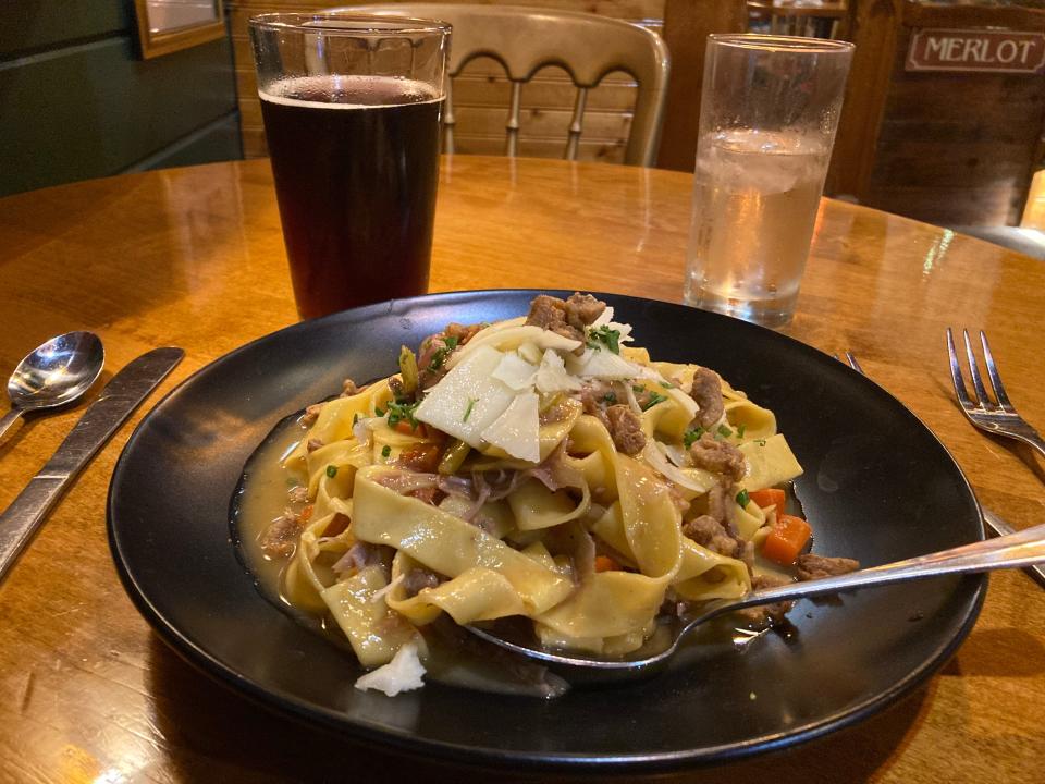 Duck ragout and a Heart of Lothian Scottish ale by Drop-In Brewing at the Fire & Ice Restaurant in Middlebury on April 28, 2024.
