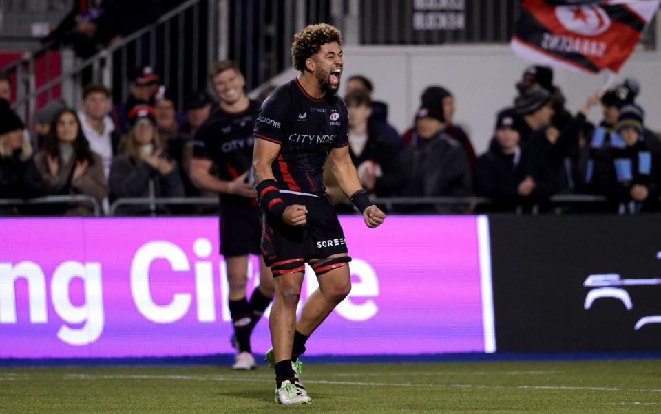 Saracens' Andy Christie celebrates winning