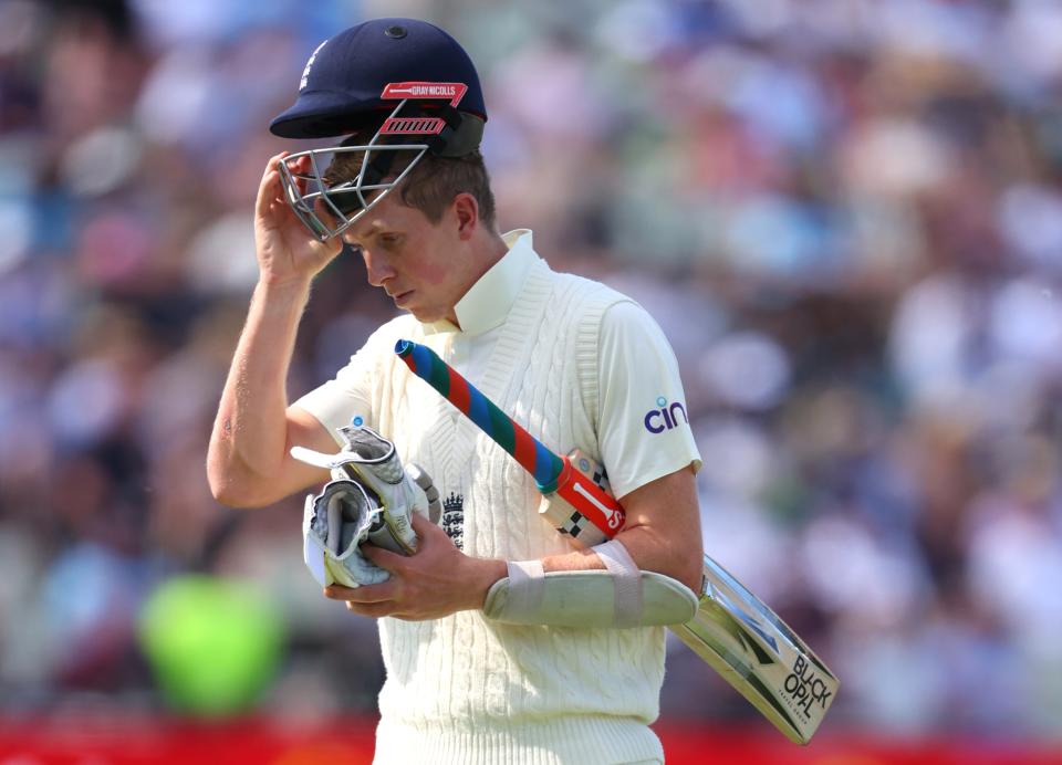 England batsman Zak Crawley walks off dejectedly after being dismissed (Getty)