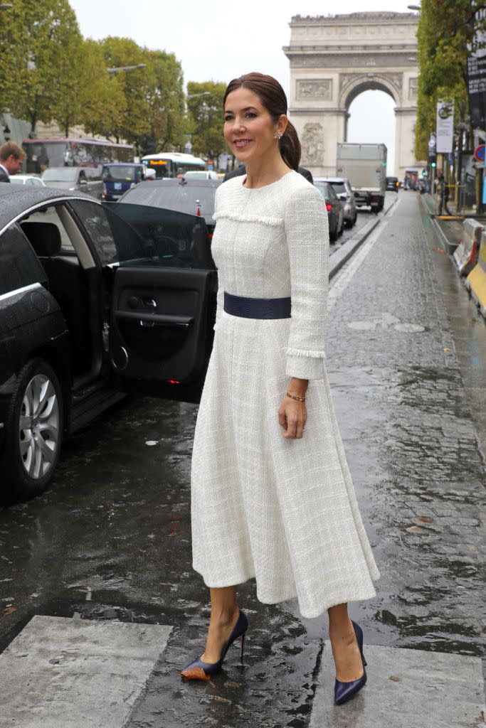 princess mary in paris wearing a white dress