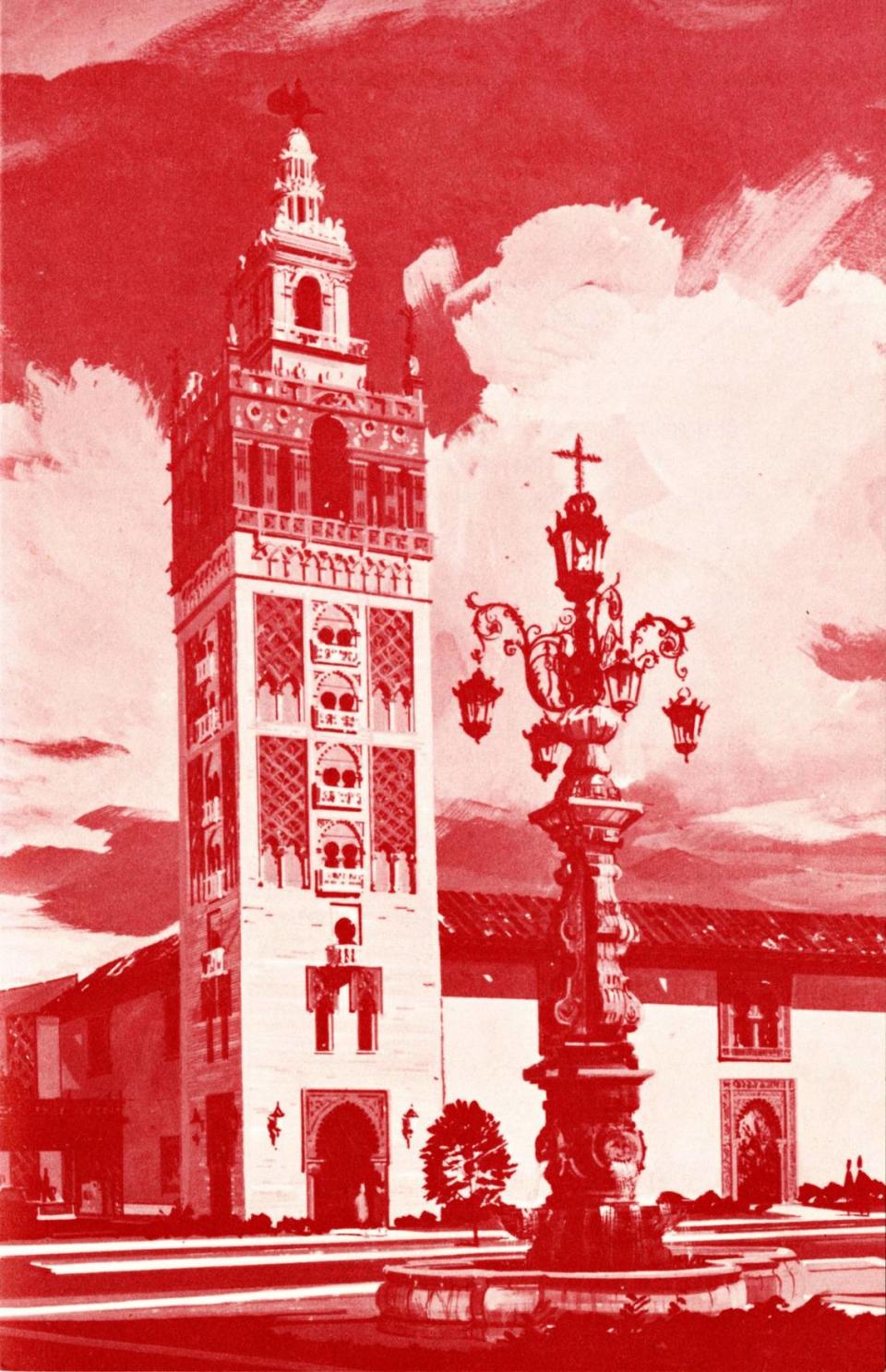 Illustration of the Giralda Tower and Seville Light Fountain from the Oct. 12, 1967, dedication program.