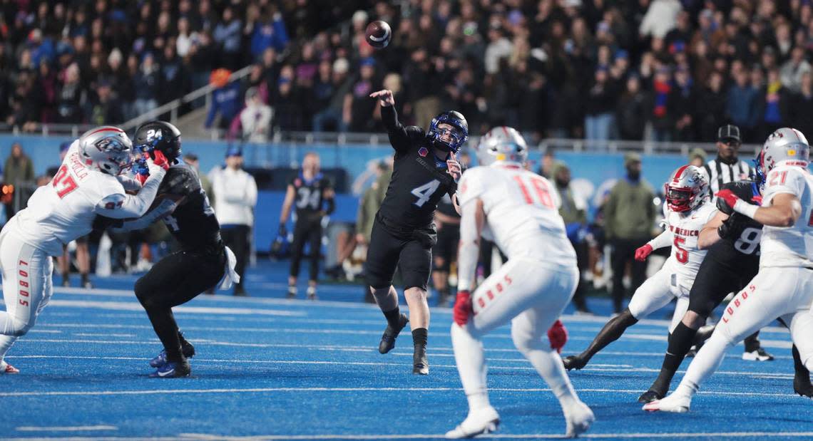 Boise State quarterback Maddux Madsen delivers a pass in the first half of the Broncos’ 42-14 win over New Mexico last weekend. He was injured at the end of the first half and will miss significant time, interim head coach Spencer Danielson said Monday.