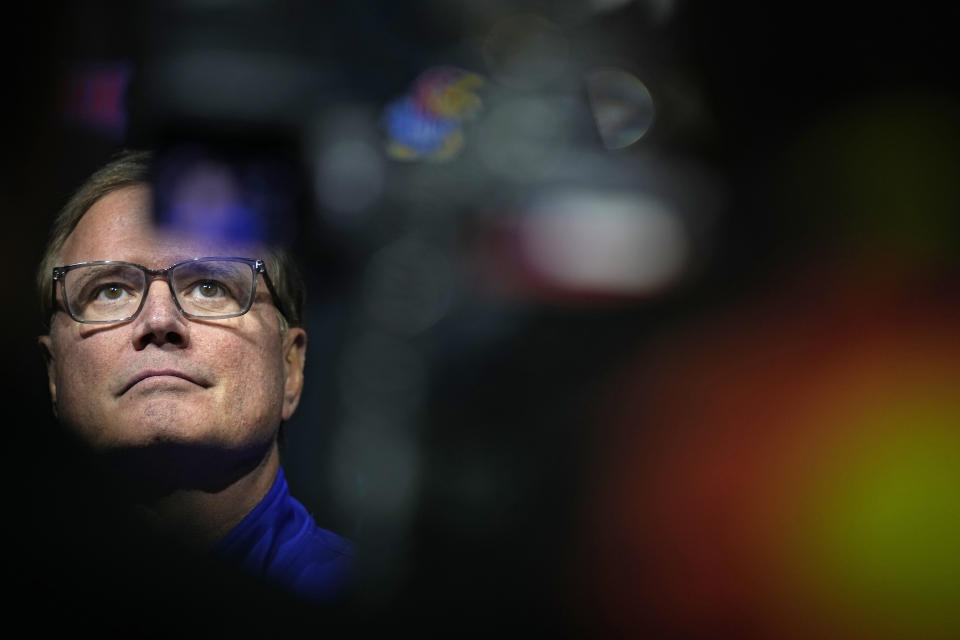 Kansas coach Bill Self speaks to the media during the NCAA college Big 12 men's basketball media day Wednesday, Oct. 18, 2023, in Kansas City, Mo. (AP Photo/Charlie Riedel)