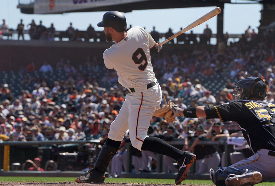 SAN FRANCISCO, CALIFORNIA - SEPTEMBER 12: Brandon Belt #9 of the San Francisco Giants bats against the Pittsburgh Pirates in the bottom of the third inning at Oracle Park on September 12, 2019 in San Francisco, California. (Photo by Thearon W. Henderson/Getty Images)