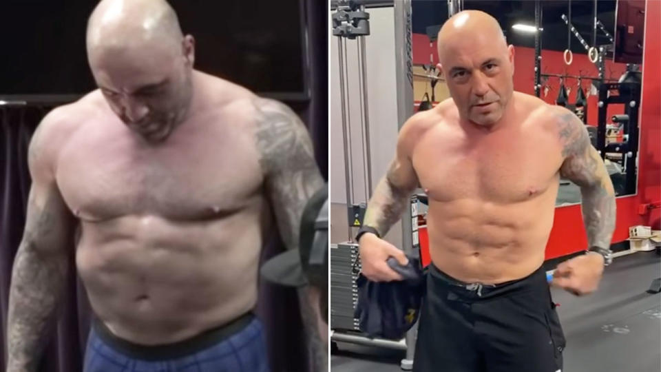 Pictured here, the before and after shots of Joe Rogan's results from the carnivore diet.