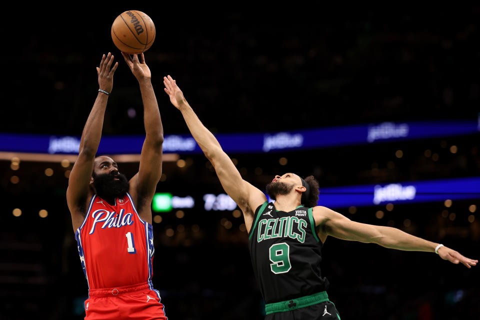 James Harden scored 45 points to lead the 76ers to a shocking win over the Celtics in Game 1 of the Eastern Conference semifinals. (Maddie Meyer/Getty Images)