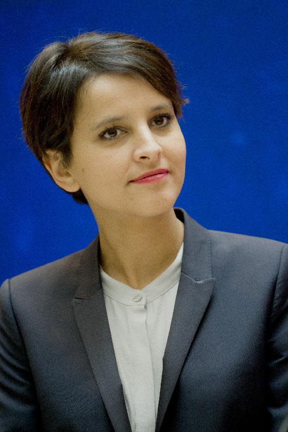 Newly appointed French Women's rigths and Government spokeswomen Minister Najat Vallaud-Belkacem seen during a handover ceremony Thursday May 17, 2012 at the Bercy ministry in Paris.(AP Photo/Jacques Brinon)