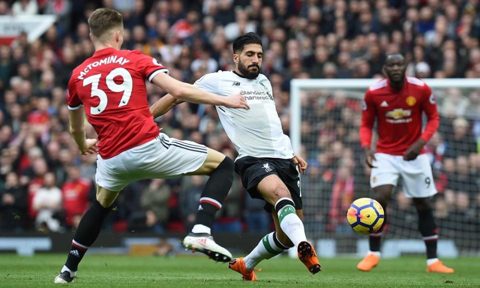 Manchester United v Liverpool - Premier League - MARCH 10: Emre Can of Liverpool with Scott McTominay of Man Utd