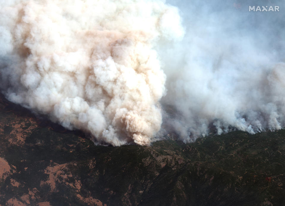 Fires burning near Big Signal Peak in the Mendocino National Forest in California, part of the August Complex Fire, on Sept. 14.  (MAXAR)