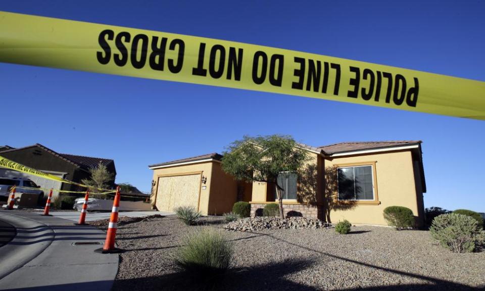 Police tape blocks off the home of Stephen Paddock in Mesquite on Monday.