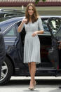 Is it just us or is this Jenny Packham dress a bit too cute for Kate? The pleated skirt and embroidered button-up mini-cardigan needs a bit more oomph; something more adult. Or maybe we're just bored with the plain colour. (Photo by Arthur Edwards - Pool/Getty Images)