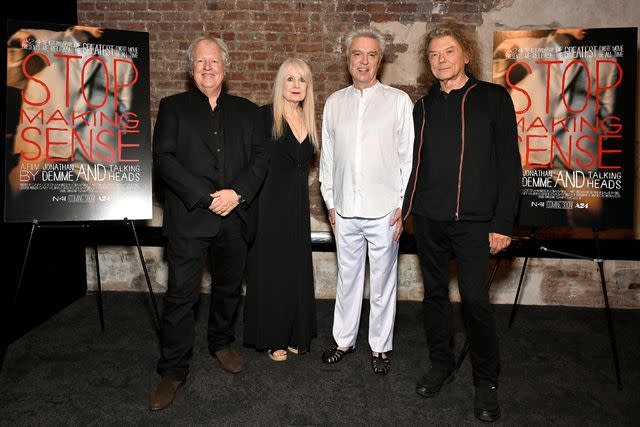 <p>Slaven Vlasic/Getty </p> (L-R) Chris Frantz, Tina Weymouth, David Byrne and Jerry Harrison at BAM Harvey Theater in New York City on Sept. 13.