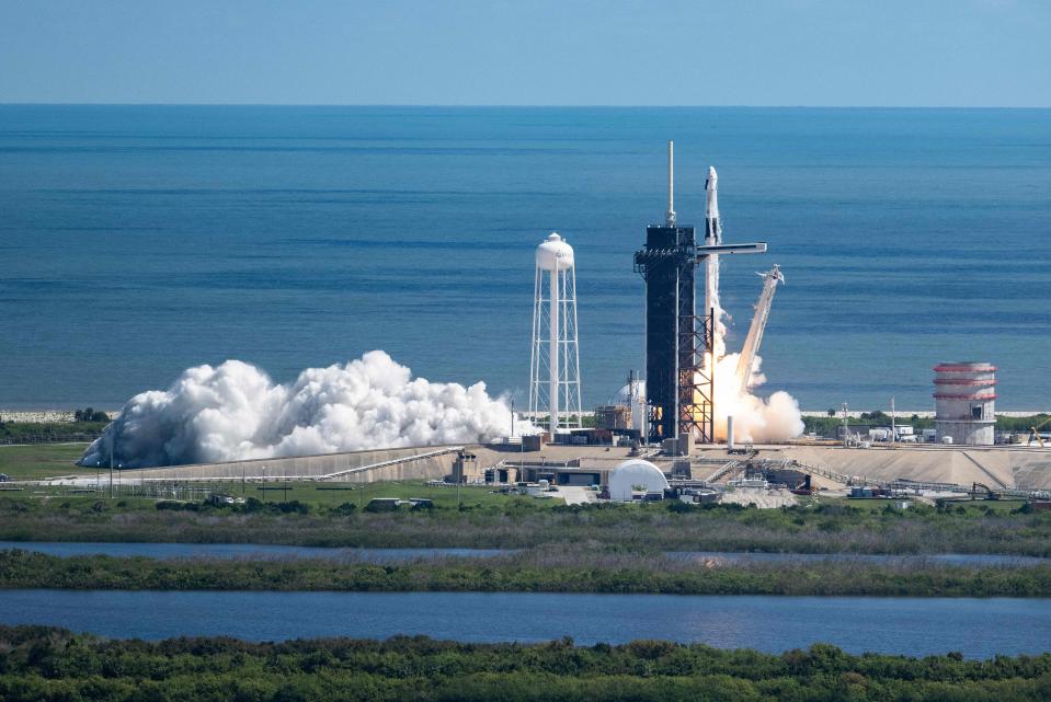 The SpaceX Falcon 9 rocket carrying the Crew5 Dragon spacecraft lifts off from the Kennedy Space Center in Florida on October 5, 2022