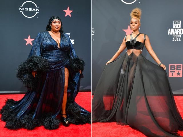 Lizzo wears golden disco ball outfit on stage and navy gown with