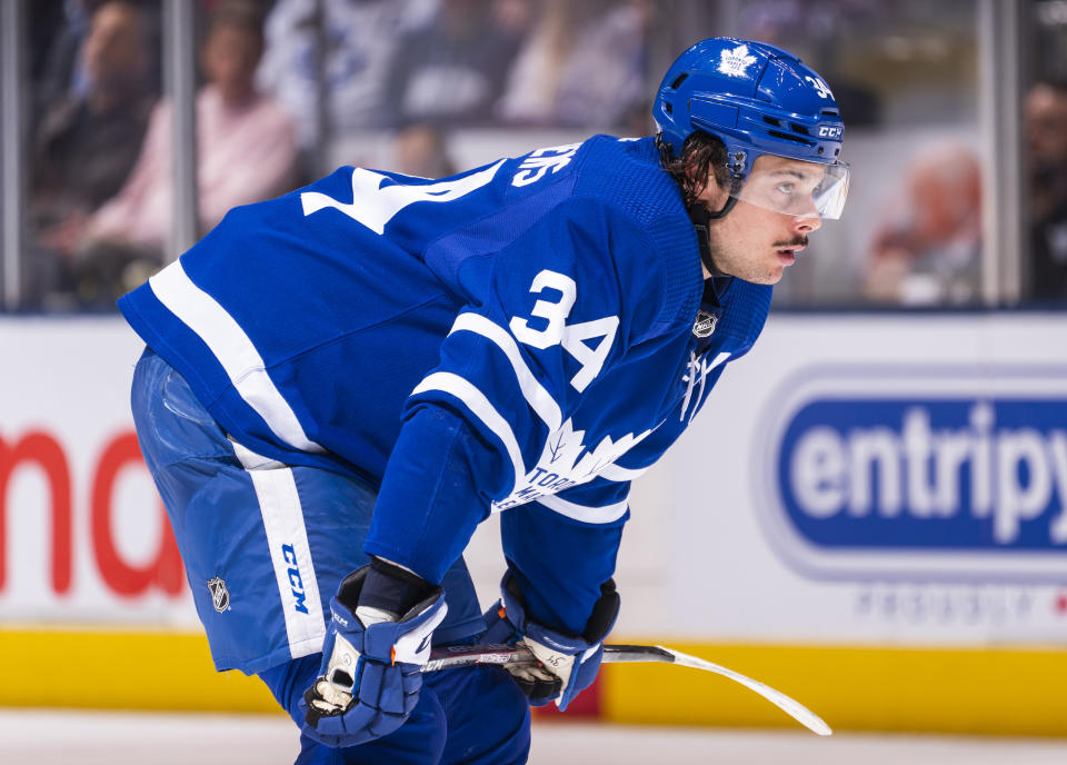 TORONTO, ON - MARCH 10: Auston Matthews #34 of the Toronto Maple Leafs looks on against the Tampa Bay Lightning during the third period at the Scotiabank Arena on March 10, 2020 in Toronto, Ontario, Canada. (Photo by Mark Blinch/NHLI via Getty Images)