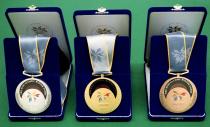 <p>The medals from the 1998 Winter Olympics held in Nagano, Japan, feature decorative lacquer elements.<br> (AP Photo/Kyodo News) </p>