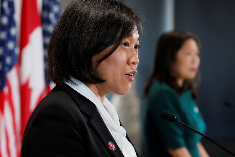 U.S. Trade Representative Katherine Tai and Canada's Minister of International Trade, Export Promotion, Small Business and Economic Development Mary Ng take part in a news conference in Ottawa