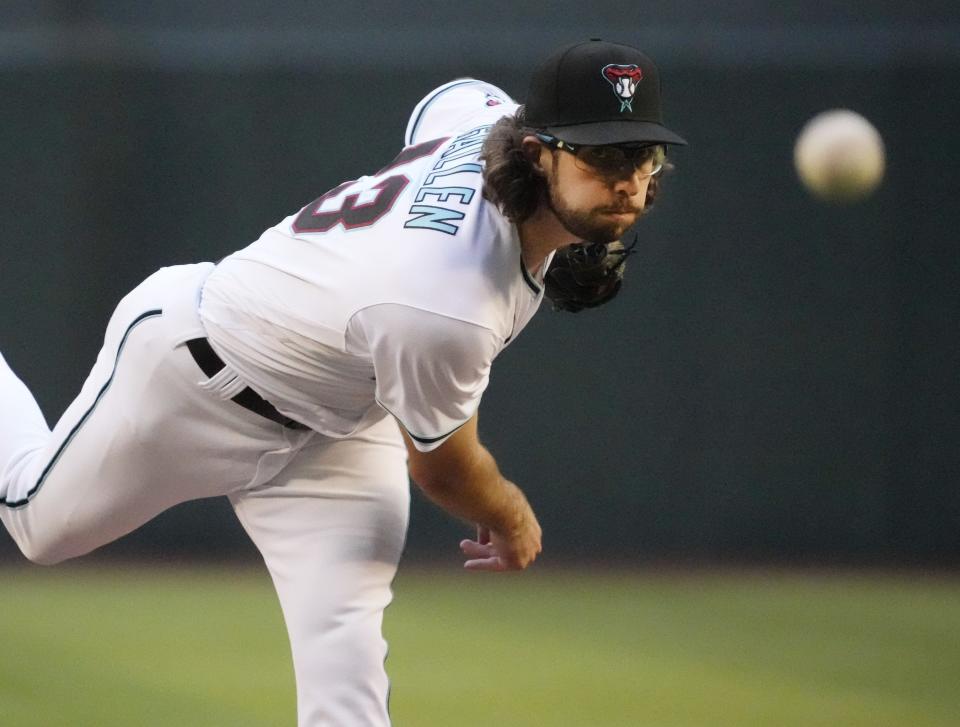 May 24, 2022; Phoenix, Ariz., U.S.;  Arizona Diamondbacks starting pitcher Zac Gallen (23) throws against the Kansas City Royals at Chase Field. Mandatory Credit: Michael Chow-Arizona Republic