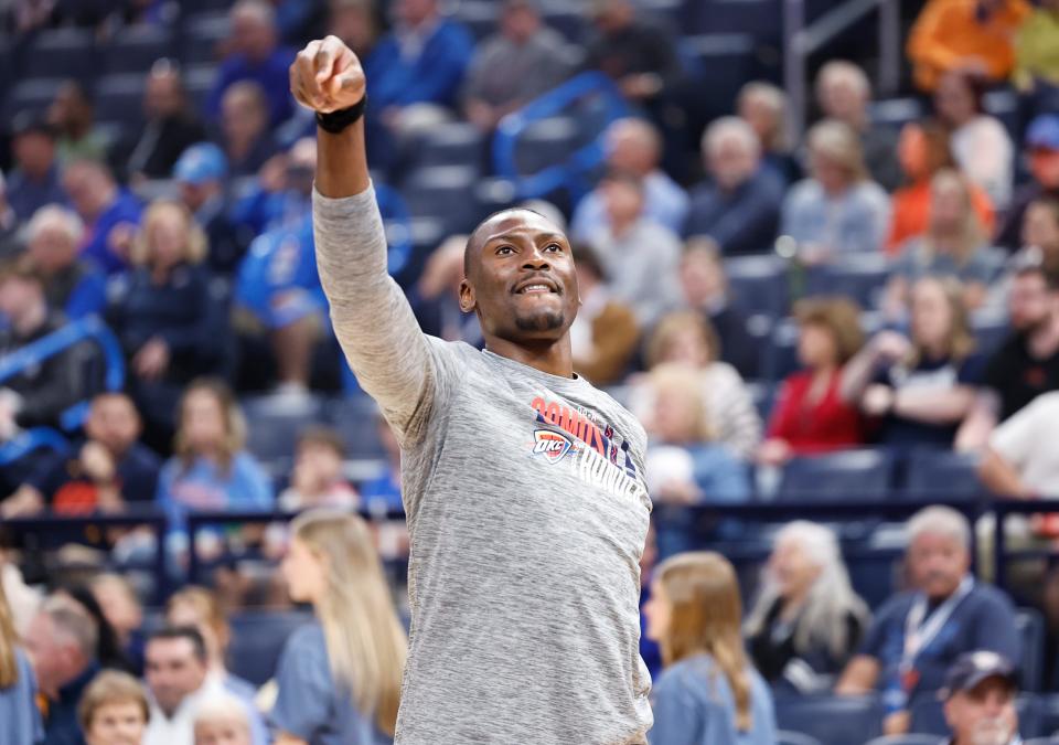 Mar 10, 2024; Oklahoma City, Oklahoma, USA; Oklahoma City Thunder center Bismack Biyombo (15) warms up before a game against the Memphis Grizzlies at Paycom Center. Mandatory Credit: Alonzo Adams-USA TODAY Sports