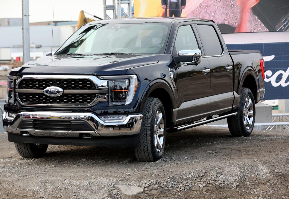 The 2021 Ford F-150 drives up during a press conference at the Dearborn Truck Plant in Dearborn on Thursday, Sept. 17, 2020.