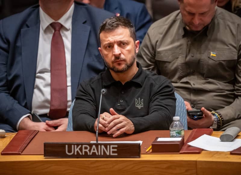 Ukrainian President Volodymyr Zelensky takes part in the UN Security Council meeting at the 79th General Debate of the UN General Assembly. Michael Kappeler/dpa