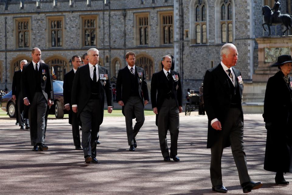 Prince Harry Prince William and Prince Charles at Philip's funeral